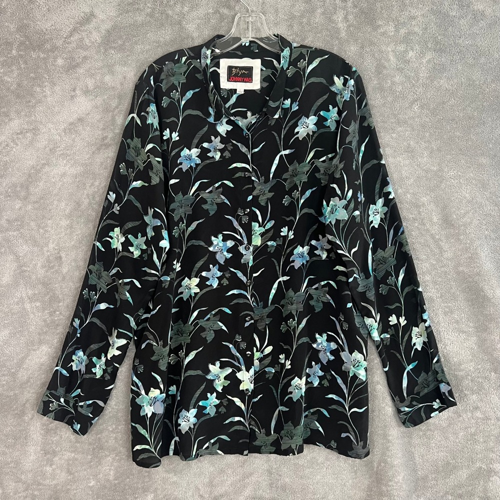 Biya By Johnny Was Button Down Blouse Womens L 100% Silk Floral Kimono Style